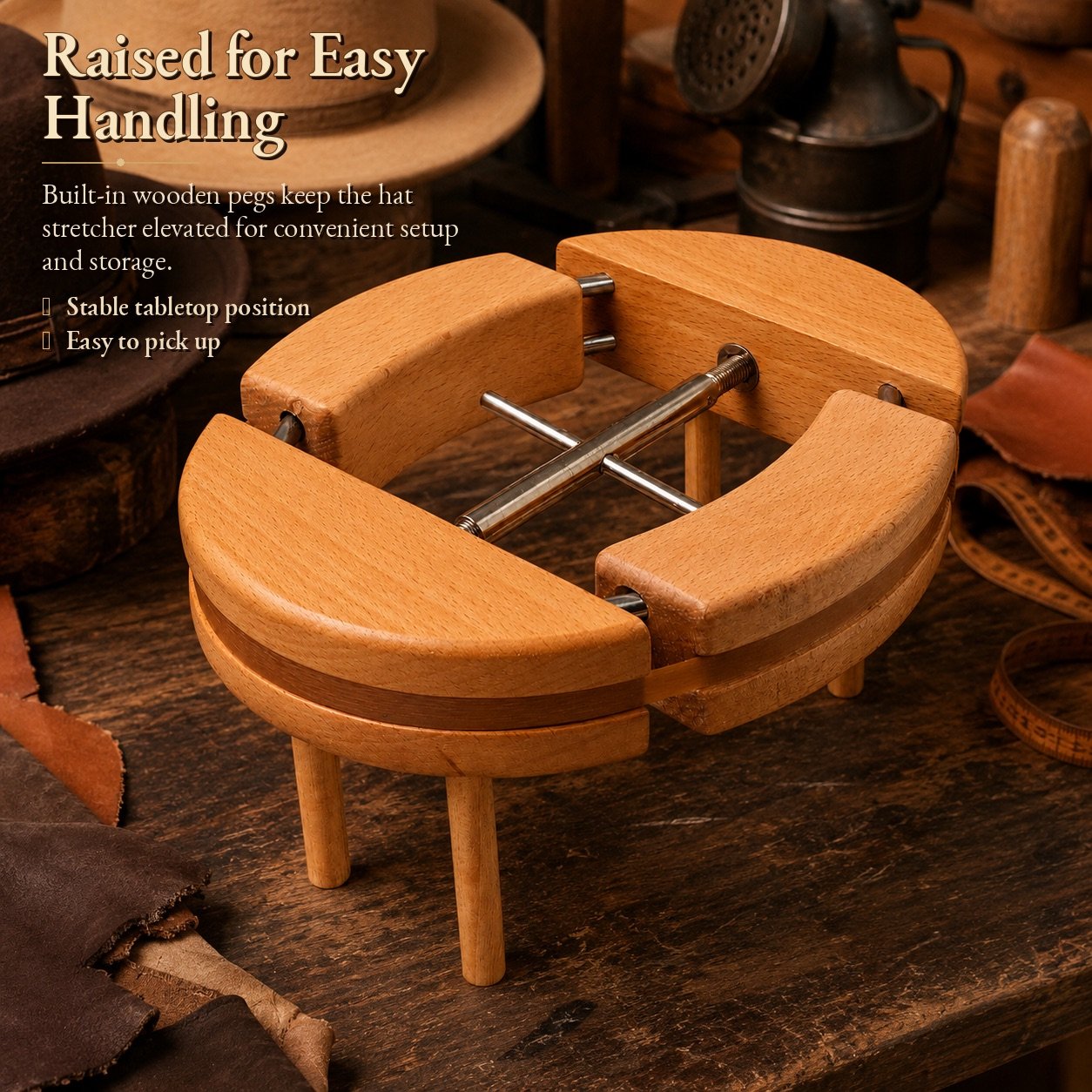 Four-point adjustable wooden hat stretcher with support pegs