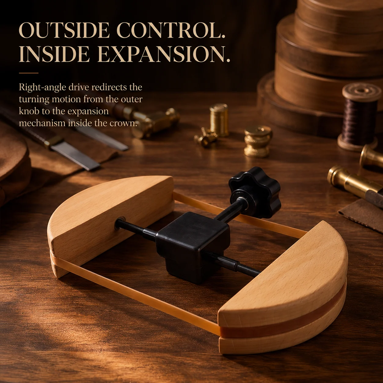 Adjustable wooden hat stretcher with right-angle drive