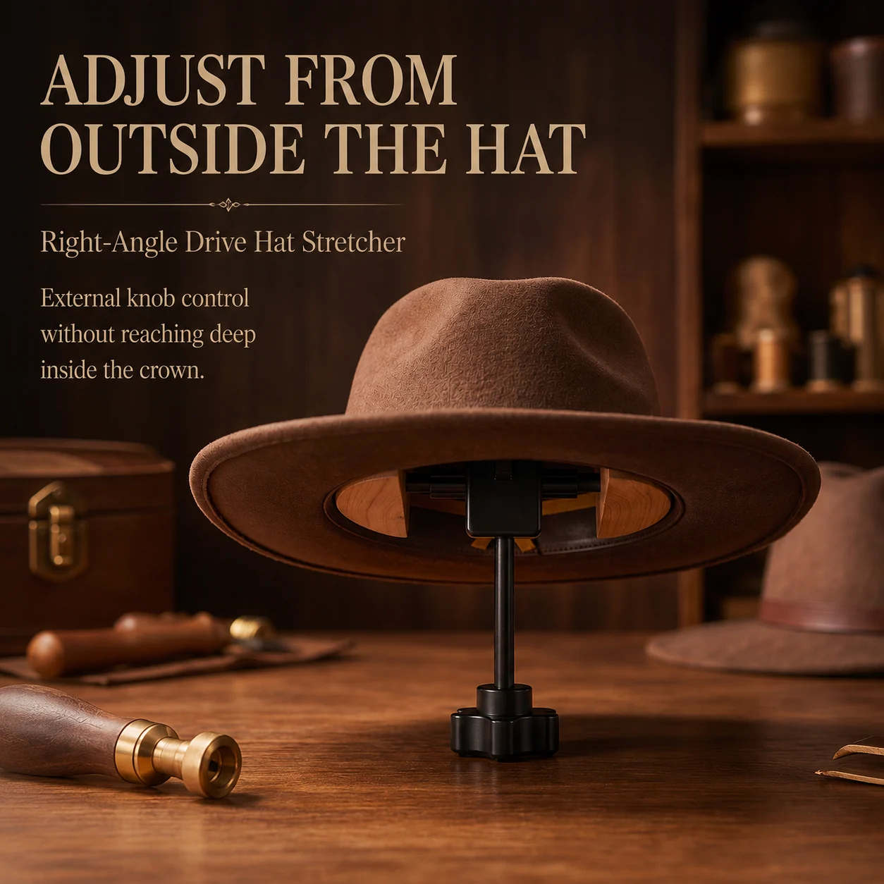 Hat stretcher external adjustment knob detail