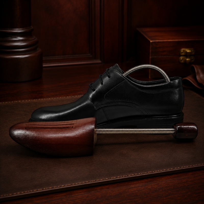 Spring loaded shoe tree with leather shoe